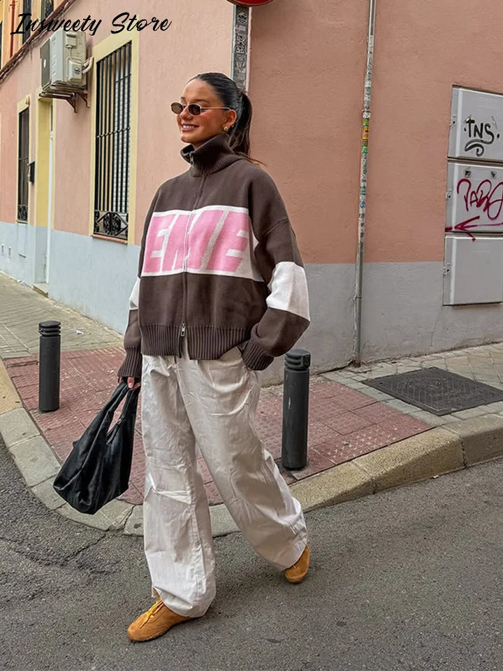 Fashion Letter Lapel Cardigan Womens Classic Long Sleeve Zippers Retro College Style Coats Autumn Lady Sweater 251023