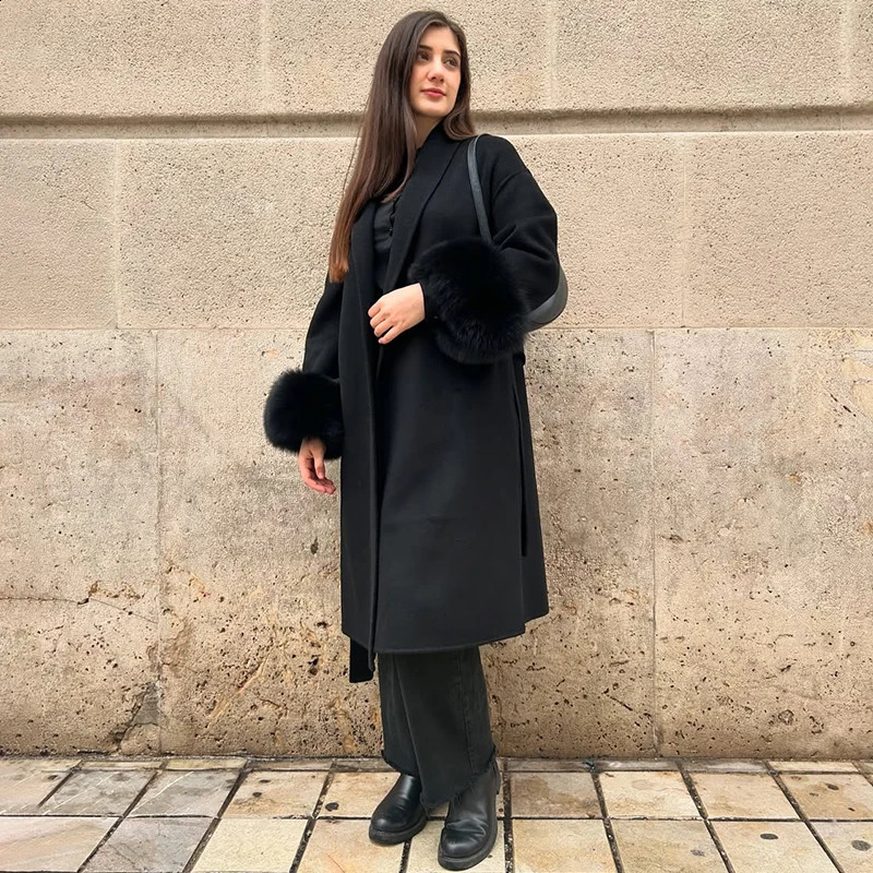 TARUXY Fur Woolen Long Coats Office Lady Removable Elegant Coat Doublesided Wool Overcoat 2025 Cardigan Jacket 251016