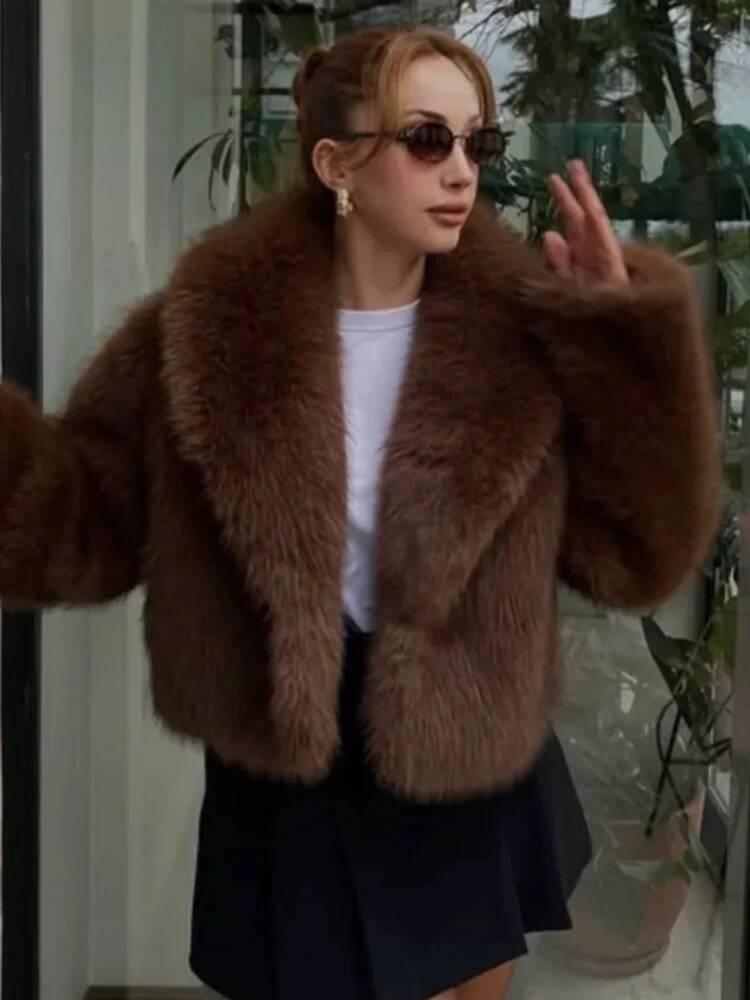 Women's Retro Warm Faux Fur Jacket Thicken Lapel Long Sleeve Hidden Button Casual Loose Soft Crop Outwear Winter Chic Coat dongdumaoyi