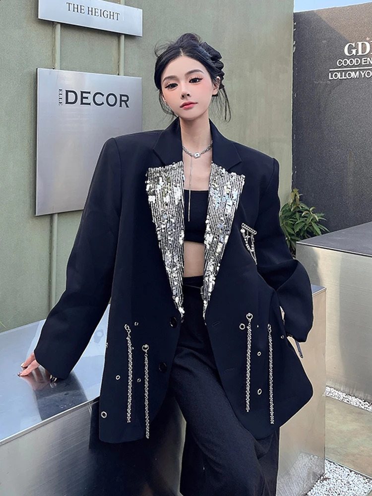 Chain sequined blazer for women Spring Autumn Notched collar long sleeve jacket Oversized Ladies INKEO 4O135 251023