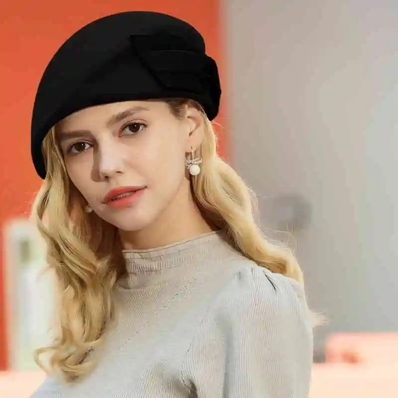 FS Black Beige Beret Cap With Bowknot Vintage Women Pillbox Hat High Quality Wool Fedoras Tea Party Dress Fascinators Hats 251023