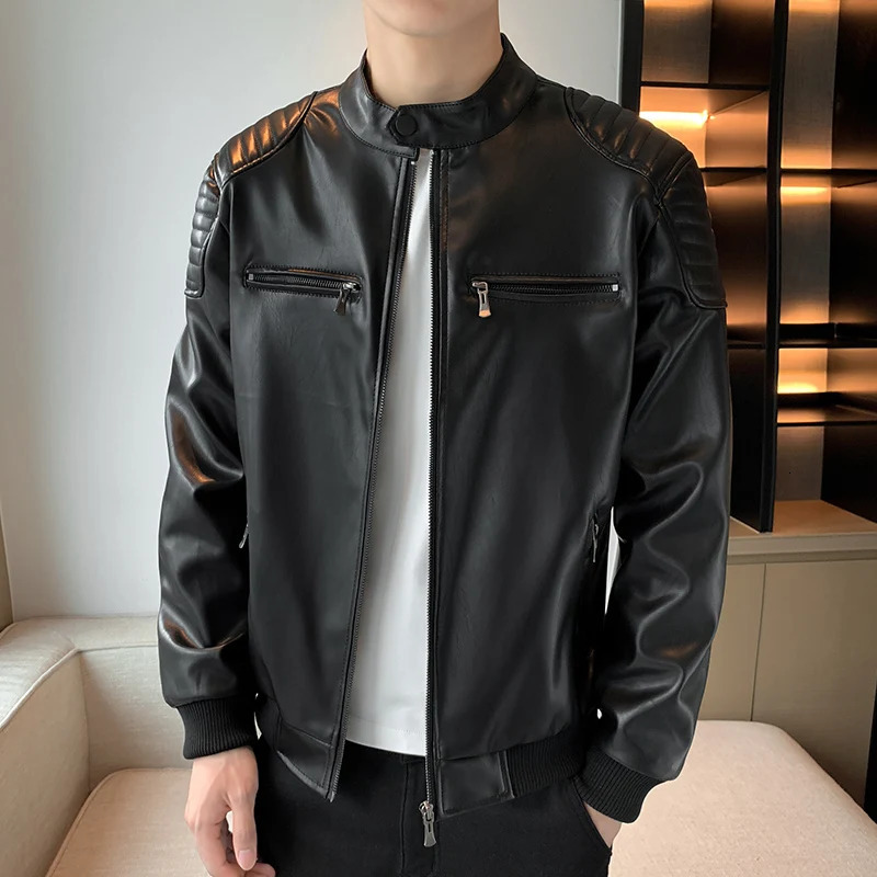 Autumn Stand Collar Leather Jacket Men Fashion Handsome Trend Solid Color Leather Jacket Youth Large Size Motorcycle Coat 251021