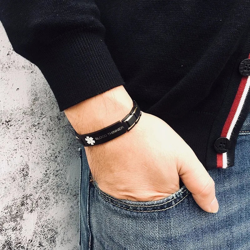 Vnox Men Alert ID Bracelet Black Stainless Steel Pain Relief Emergency Reminder Bangle with tool 251014