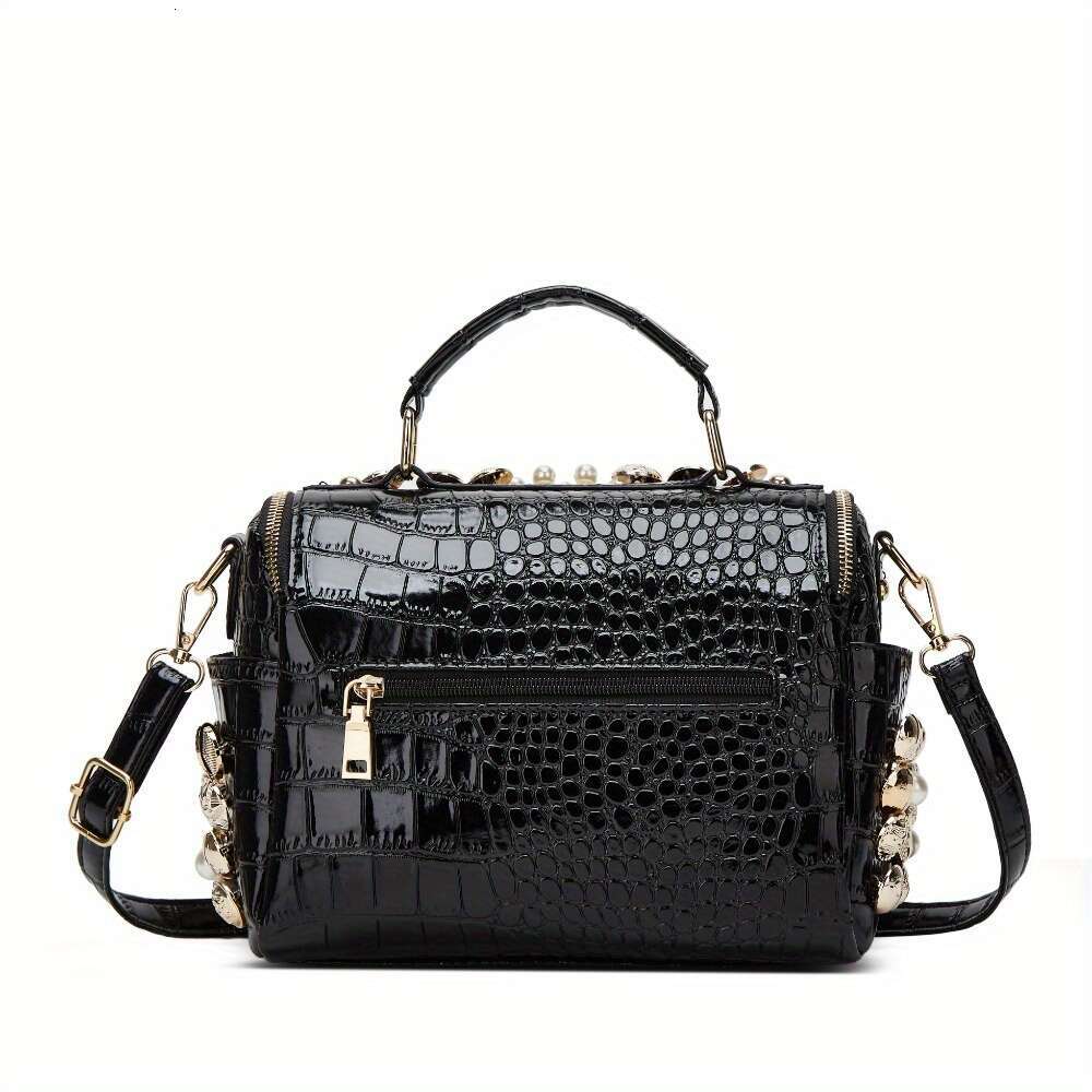 1Pc Elegant Faux Leather Evening Clutch Bag With Rhinestone Embellishments, Zipper Closure, Removable Strap, Polyester Lining - Women's Fashion H