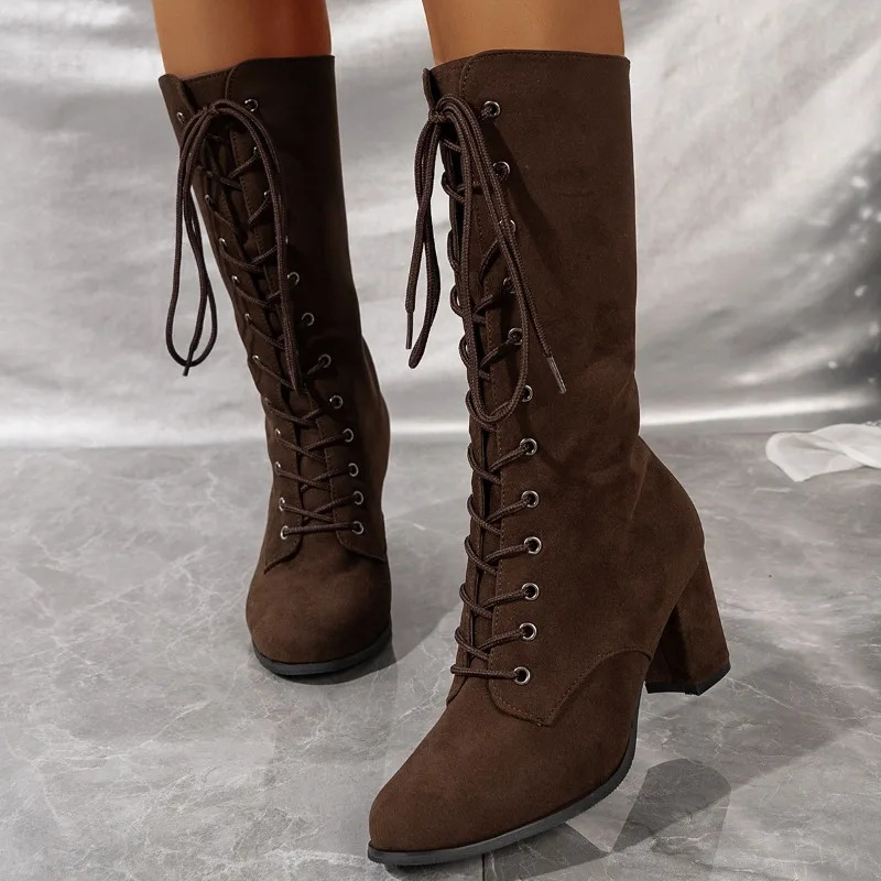 Winter Coarse Heel Shoes Womens Round Head Front Cross Lacing Antislip Wearresistant High Boots 251023