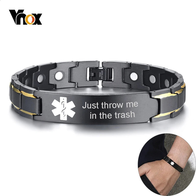 Vnox Men Alert ID Bracelet Black Stainless Steel Pain Relief Emergency Reminder Bangle with tool 251014