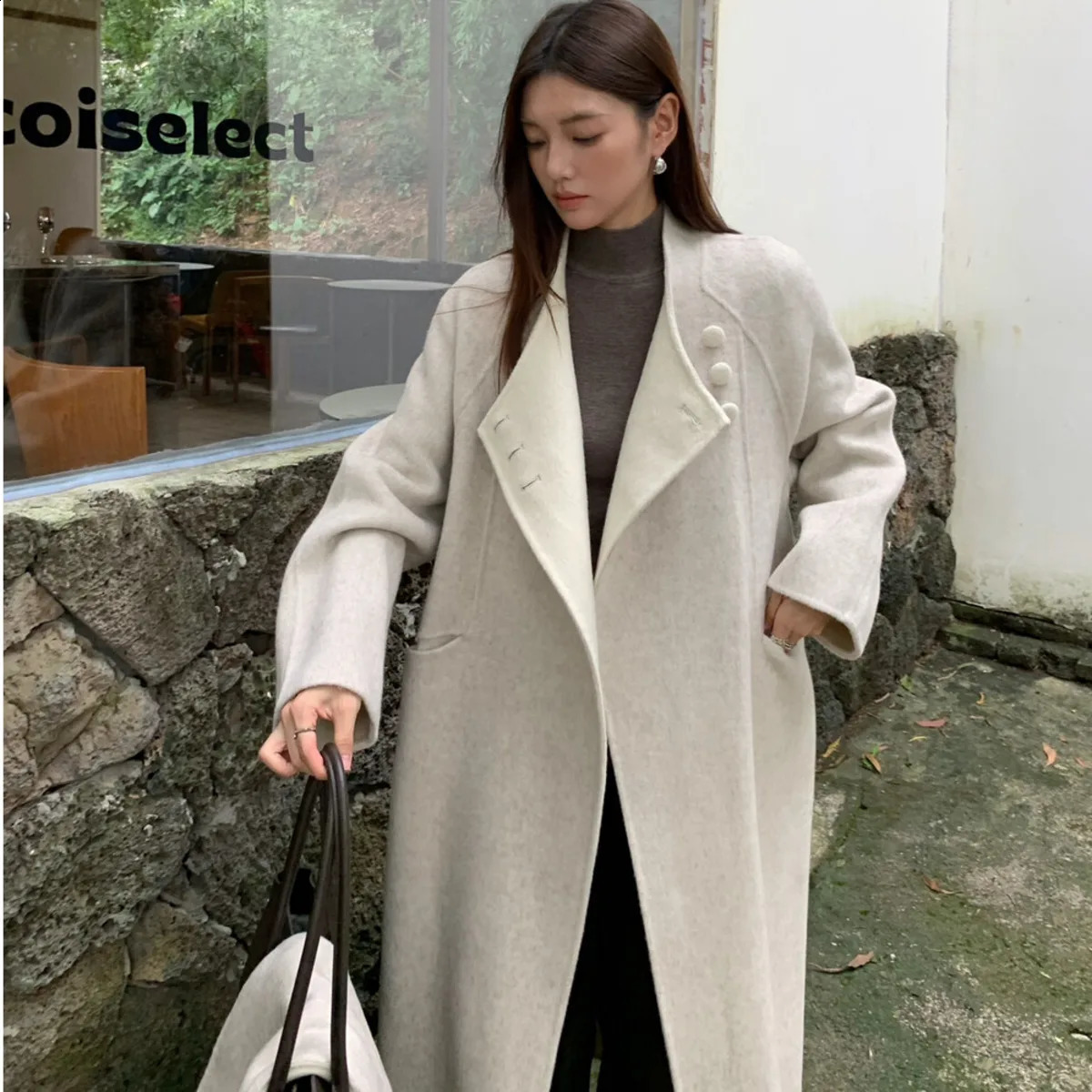 BJTZ Womens TwoTone Scarf Collar MidLength 100 Wool Coat Warm Elegant Autumn Winter Outerwear 251020
