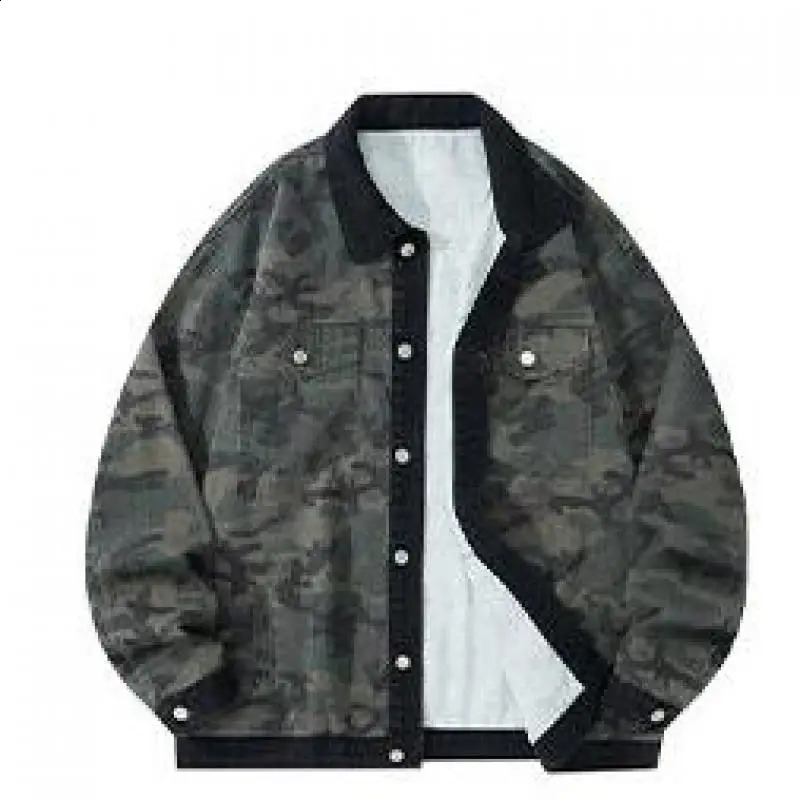 Mens Autumn Washed Turn Down Collar Camo Denim Jacket SingleBreast Long Sleeve Loose Fit Vintage Workwear Coat Street Style 251017