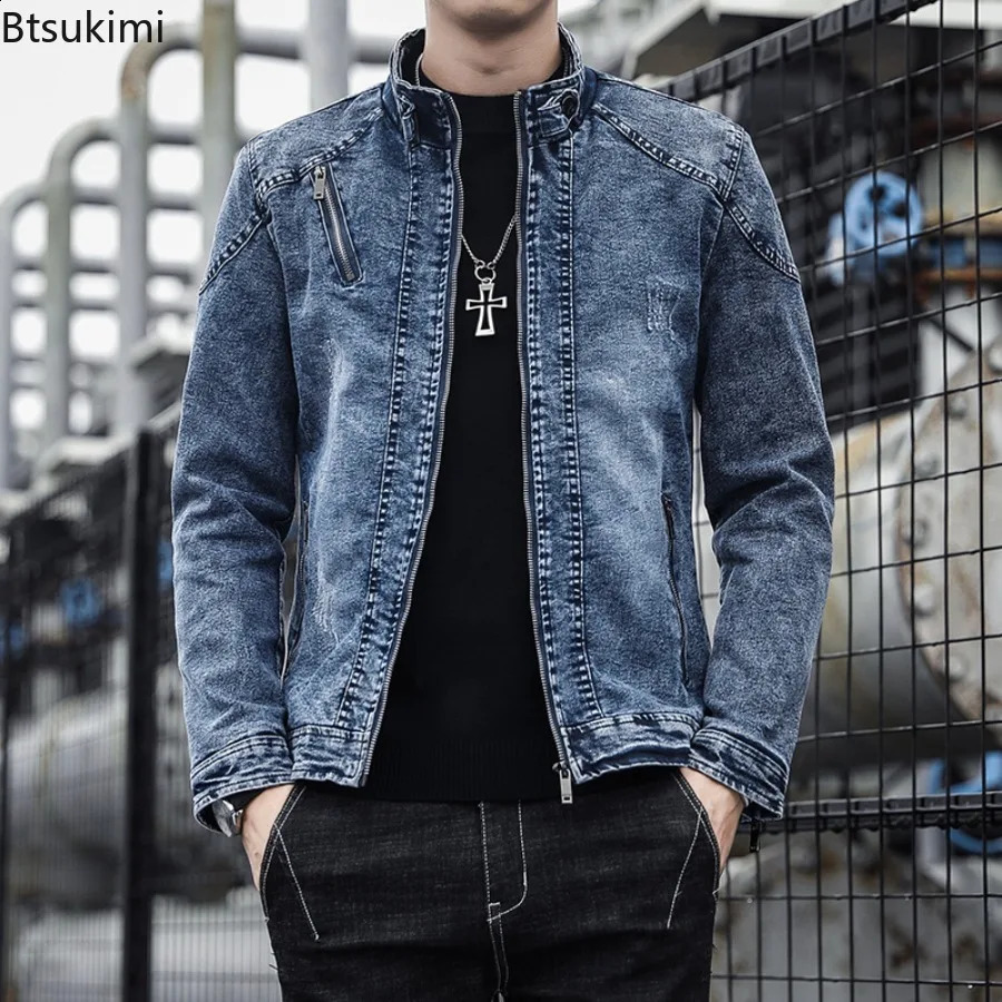 Vintage Mens Denim Jackets Fashion Stand Collar Zip Casual Jean Coats Fleece Lining Thicked Warm Autumn Winter Men Clothing 251017
