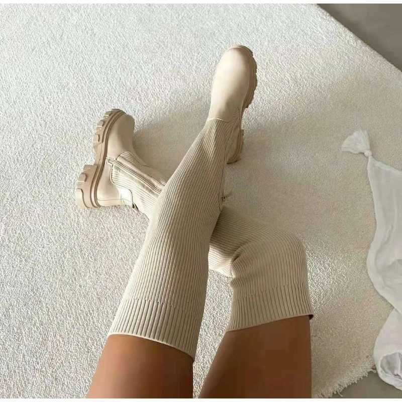 Women Thick Sole Boots 2024 Autumn Winter Breathable Knitting Sock Ladies Thigh High Boots Stretch Round Toe Shoes Plus Size 43 W251024