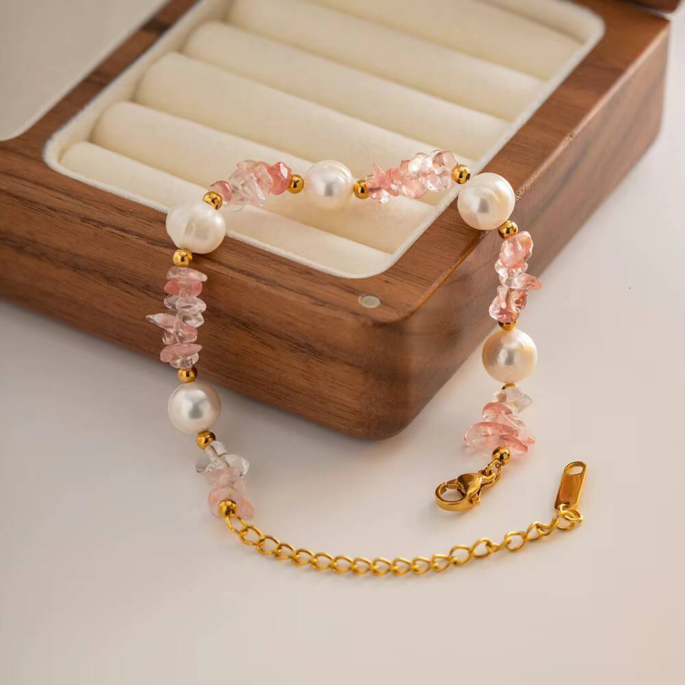 High Quality Vintage Necklace Natural Pink Gravel Freshwater Pearl 18k Gold Stainless Steel Bracelet