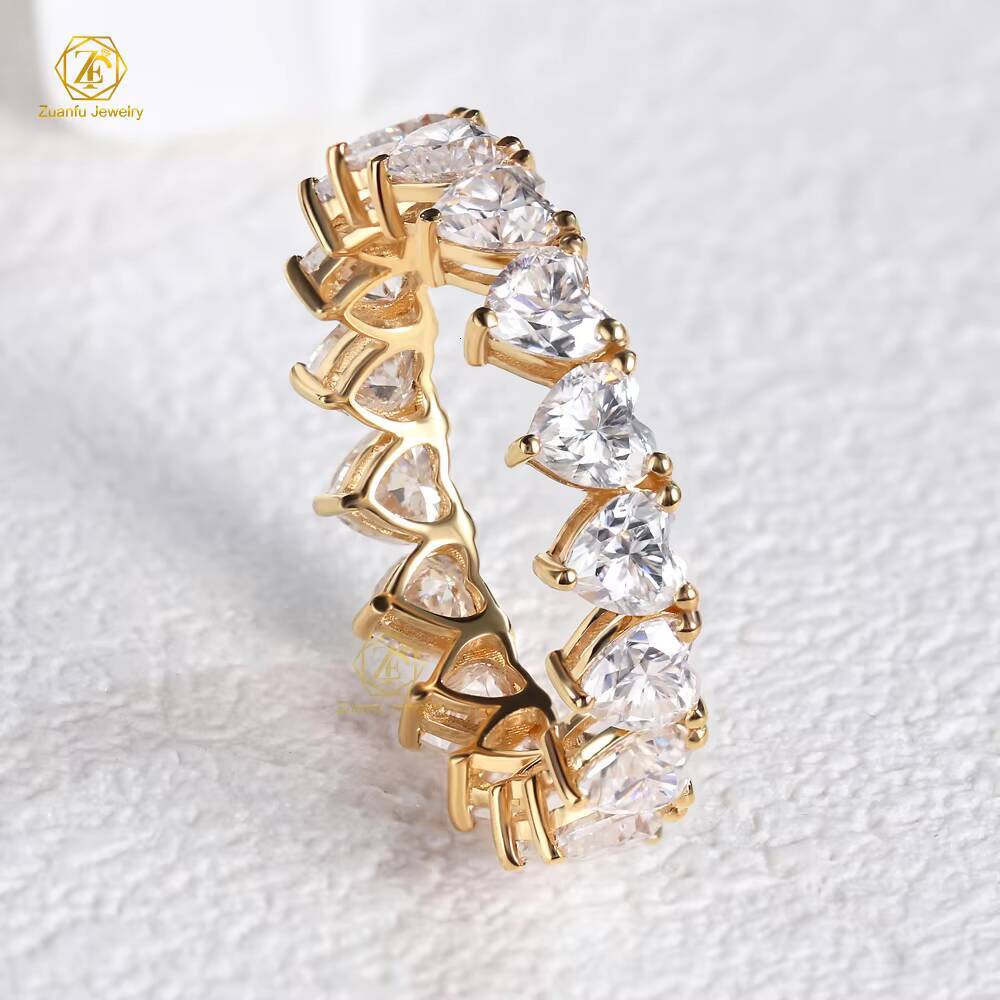 Custom Pure Diamond Tennis Eternity Jewelry Band Heart Moissanite 18K Soild Gold Wedding Bands Rings