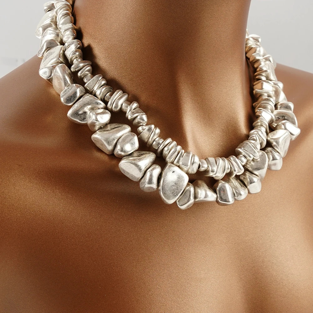Antique Silver Couples DoubleLayer Necklace Set Irregular Heavy Durable Jewelry for Everyday Travel Fashion Accessory 251016