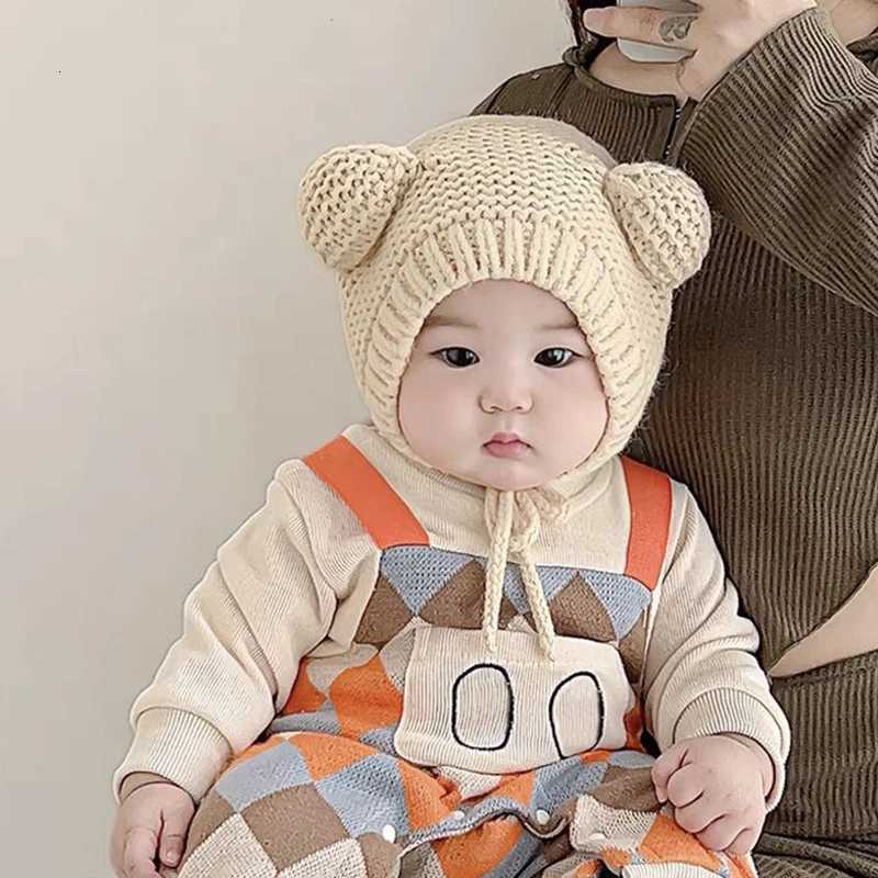 Cute Baby Ear Protection Kint Hat Winter Warm Kids Laceup Beanie Solid Color Wool Pullover Cap 624MonthInfant Headgear BonnetL251024
