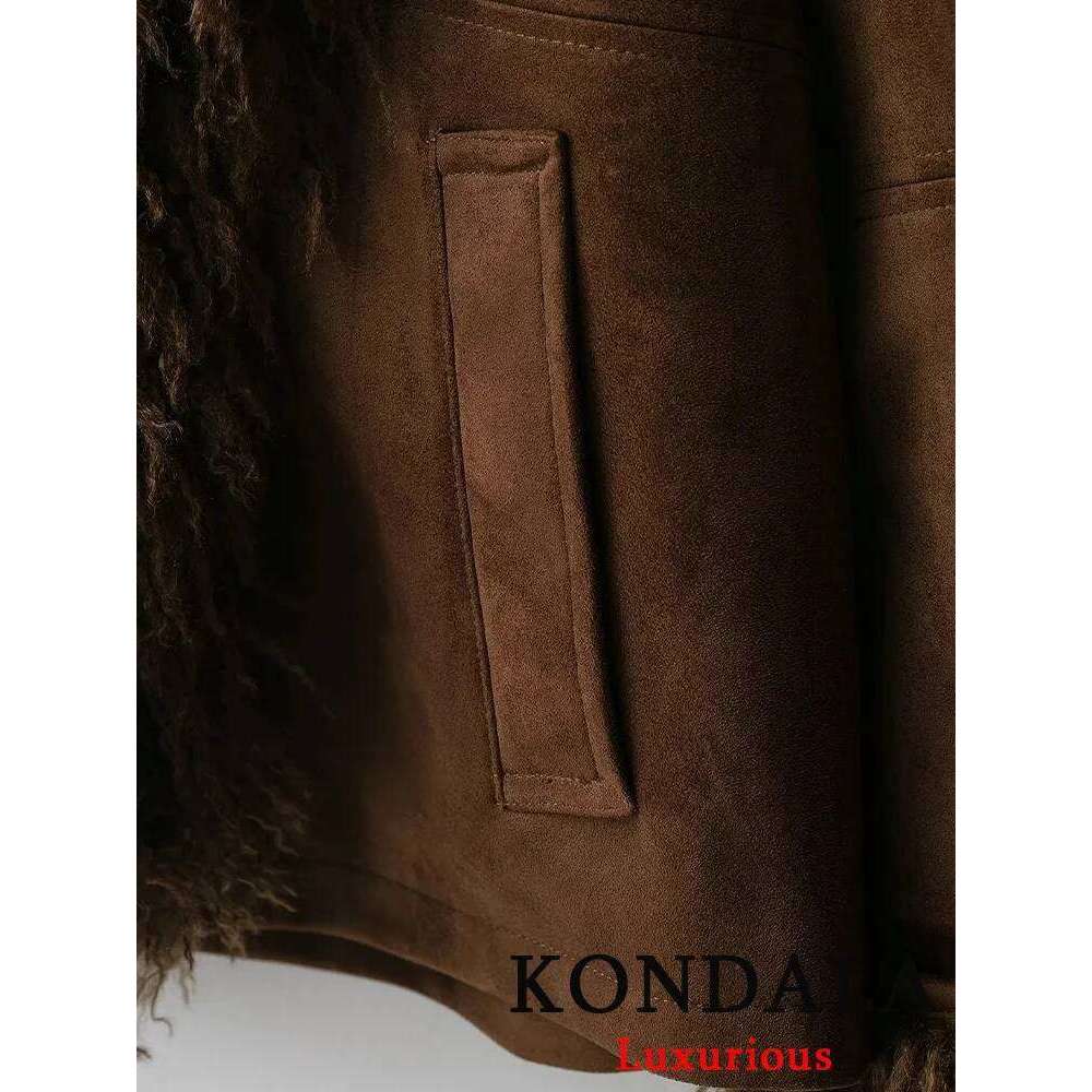 Vintage Chic Brown Faux Fur Jackets Long Sleeve V Neck Pockets Loose Fashion 2025 Autumn Winter Thick Warm Coats