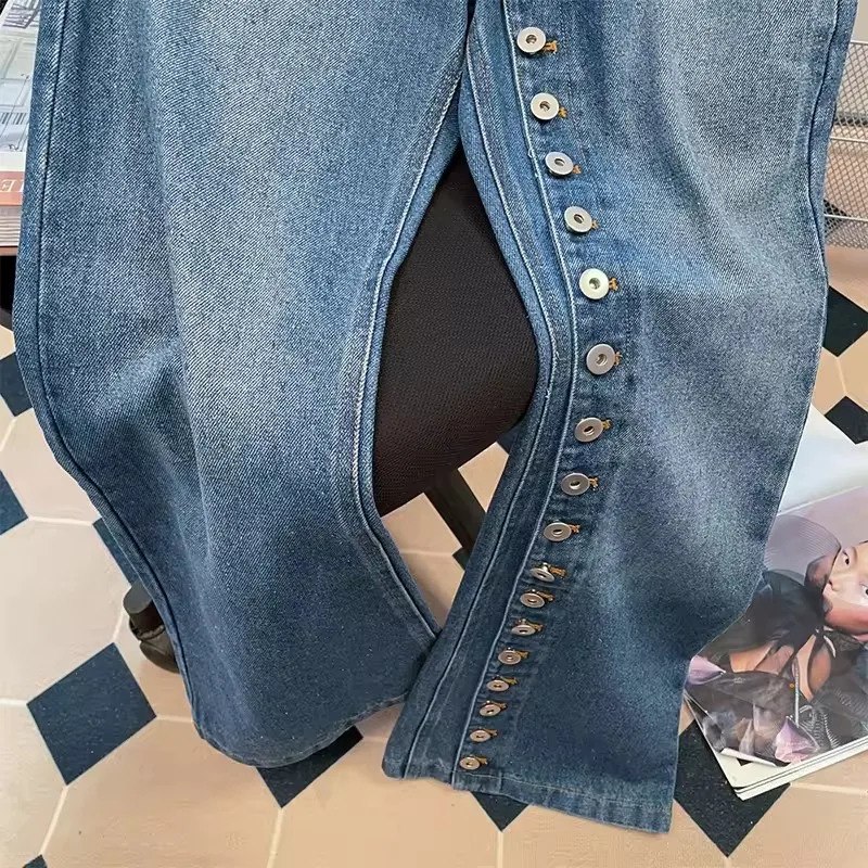 Retro Blue Straight Loose Jeans Spring Autumn Multi Buttons Slim Wide Leg Denim Pants Female Trousers Streetwear 251021