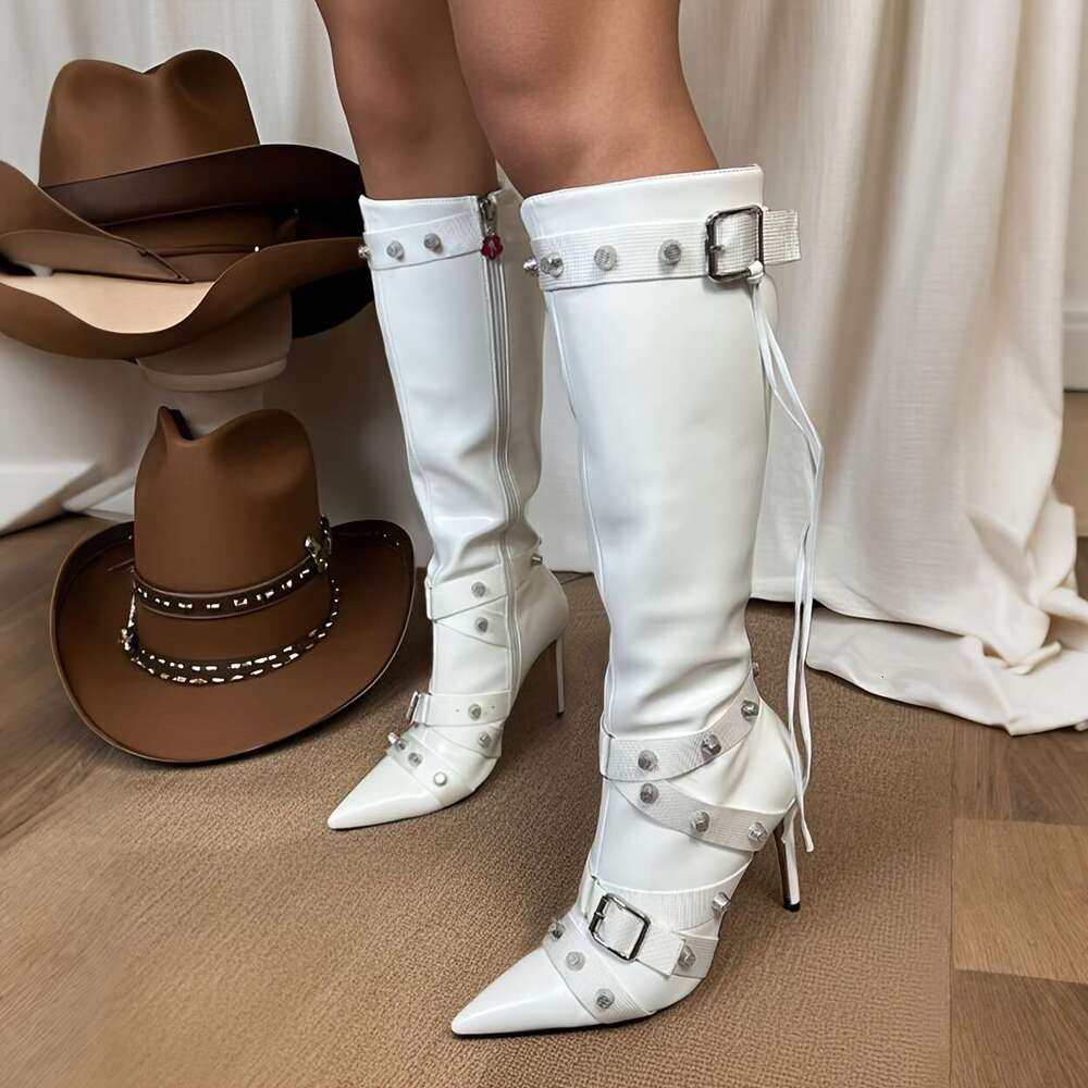 Women's Knee Stiletto Studded Gothic Pointed Toe Rivets Tassel Long Boot Sexy High Heel Punk Boots Motorcycle Zipper Party Festival