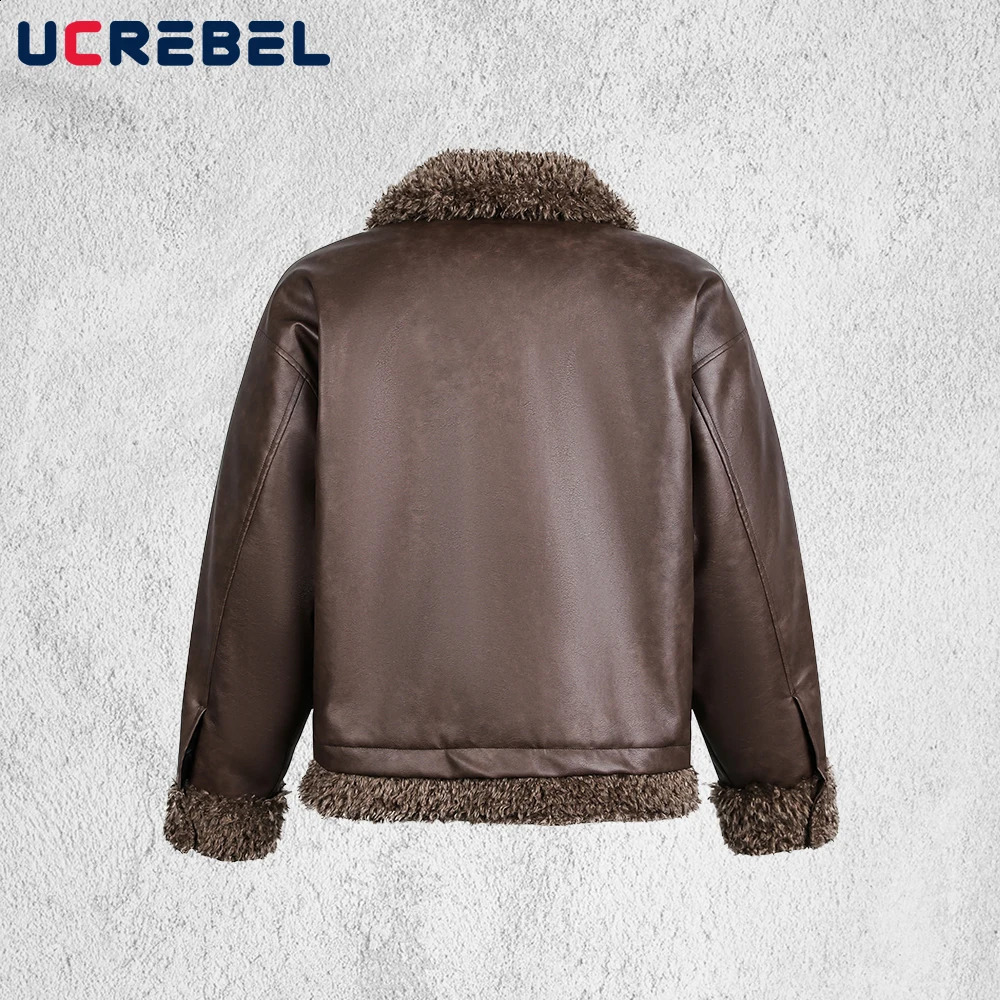 Sherpa Spliced PU Leather Quilted Jacket Mens Retro High Street Winter Thick Lapel Long Sleeve Motorcycle Jacket Man 251023