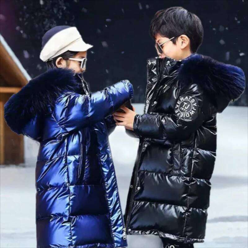 Winter Kids Down Jacket Teen Boy Girls Glossy Fabric Fur Collar Hooded Warm Parka Snowsuit Children Cotton Padded Clothing