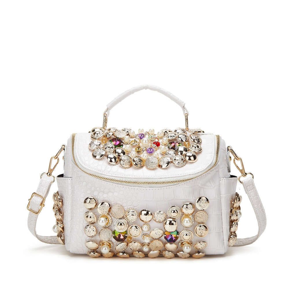 1Pc Elegant Faux Leather Evening Clutch Bag With Rhinestone Embellishments, Zipper Closure, Removable Strap, Polyester Lining - Women's Fashion H
