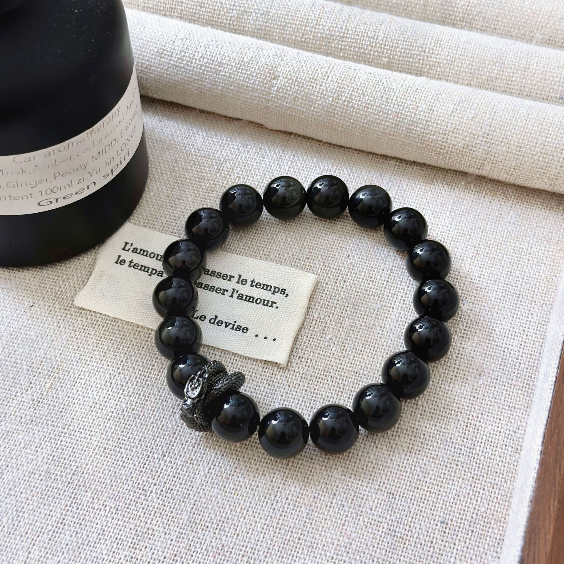 Retro Unisex Zodiac Sign Charms Handmade Obsidian Wristband with Lucky Symbols