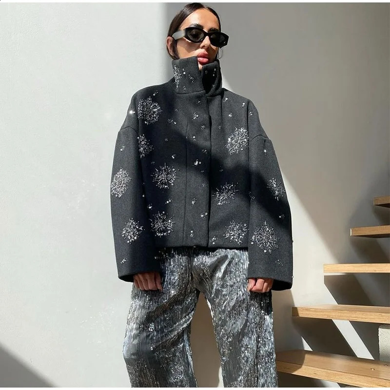 Casual Embroidery Beading Loose Women Coat Lapel Collar Bat Sleeve Solid Wool Blend Jacket 2025 Lady Spring Outerwear 251018