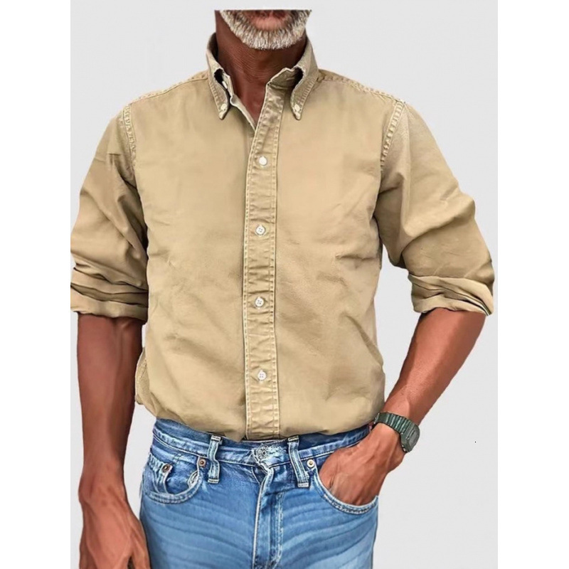 American Retro Anti-Wrinkle, Durable Autumn Winter New Men's Business Casual Urban Versatile Shirt Turn-Down Collar Button Solid Color Shirt for 