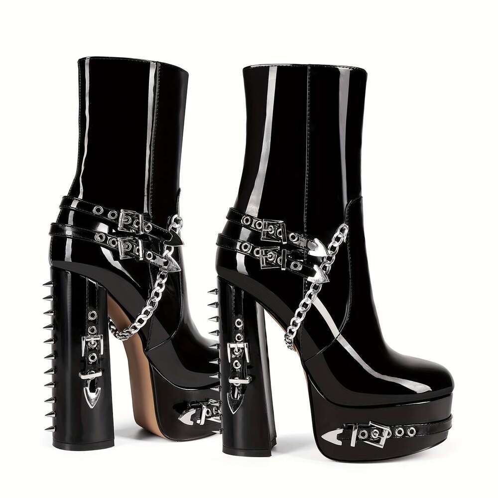 Black Chain Rivet Waterproof Platform Thick Heel Short Boots
