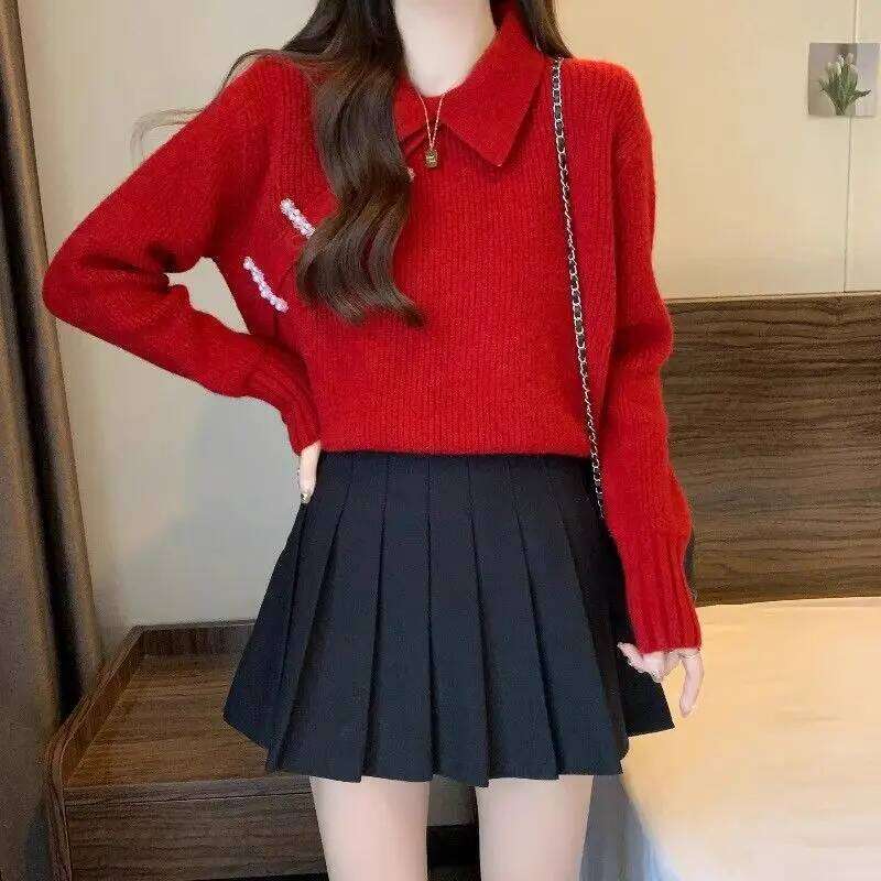 Autumn Winter Red Sweater Women Year Christmas Unique Top New Chinese Style Warm Festive Turn-Down Collar Trend Fashion
