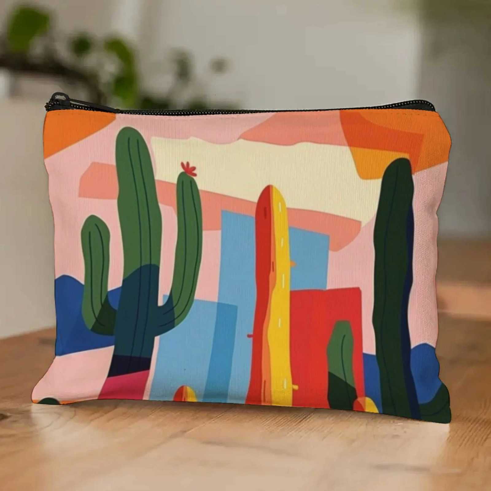 Colorful Cactus Multifunction Cosmetic Pouch Vibrant Desert Style Compact Makeup Bag for Daily Travel Use Vacation EssentialsT251024