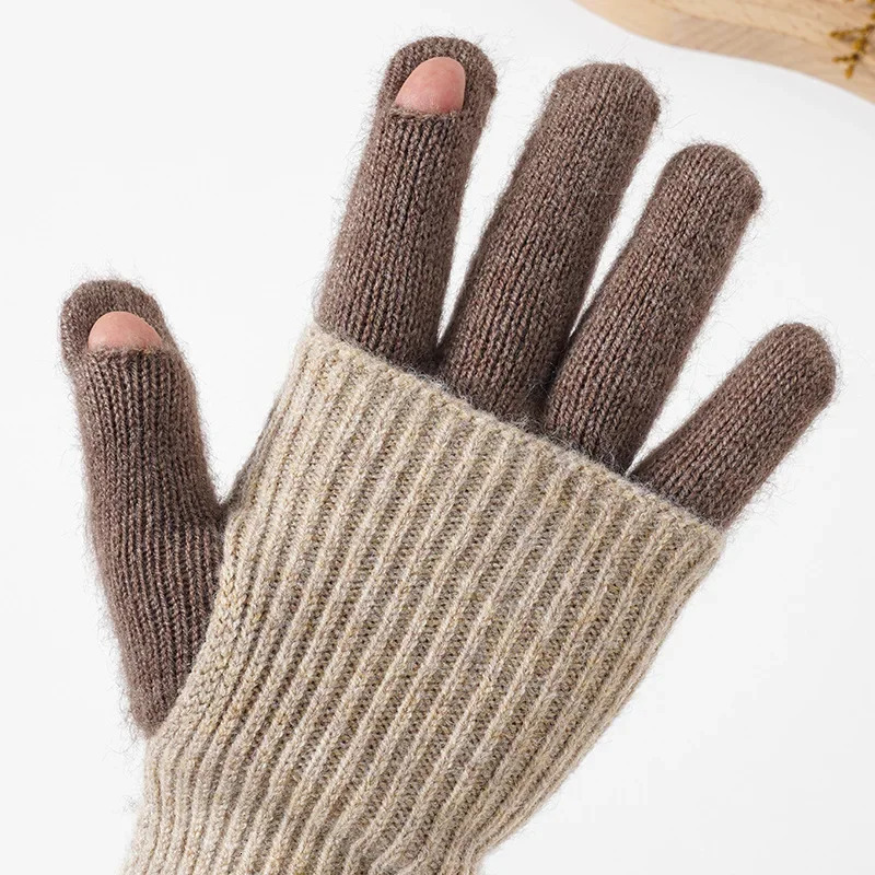 Autumn and Winter Womens Mid To Long Color Blocked Knitted Gloves Warm and Colorful with Simple Finger Knitting 251023