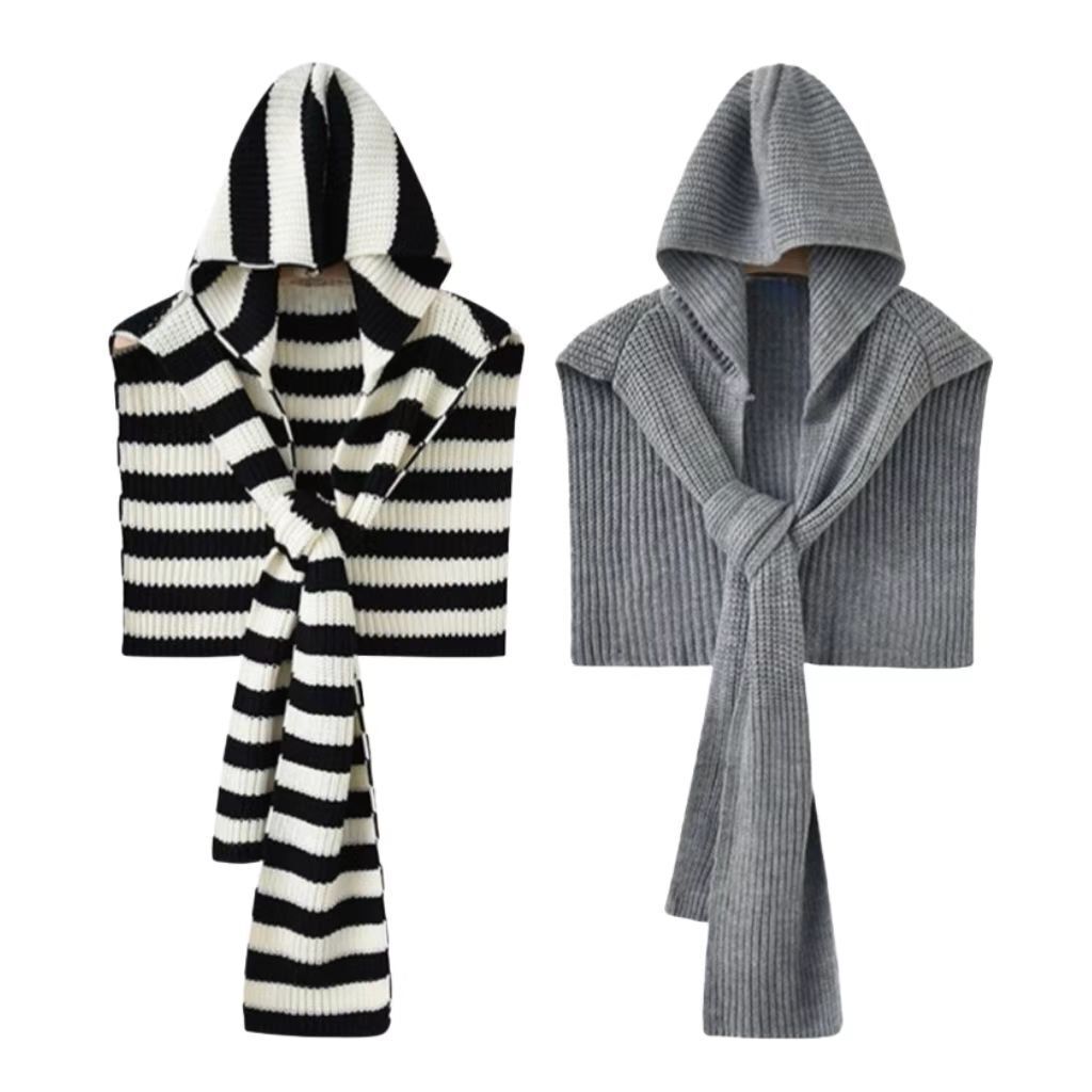 Autumn Winter Large Knitted Hat Scarf Combo for Women Casual Versatile Hooded Shawl Cape Neck Warmer