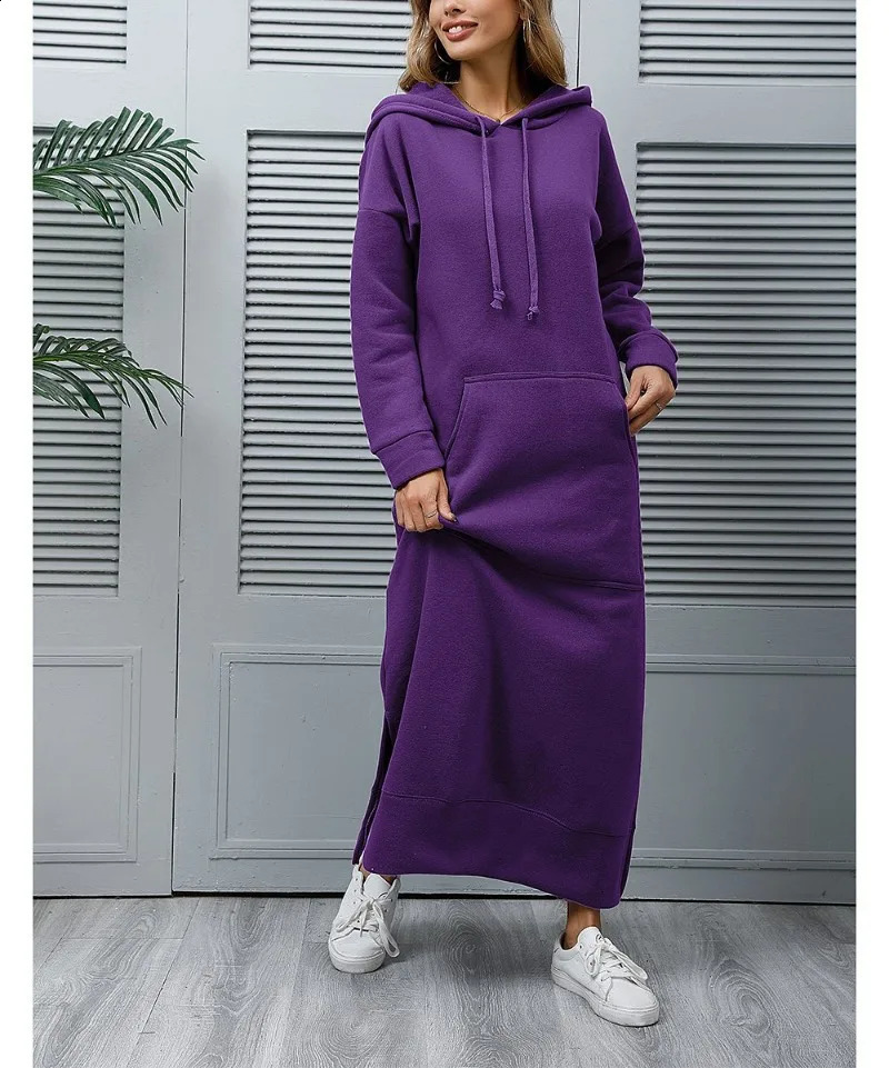 Hoodies Dress for Women Fashion Hem Laceup Midi Robe Hooded Long Vestidos Winter Warm Casual Loose Sweatshirt Dress 251023