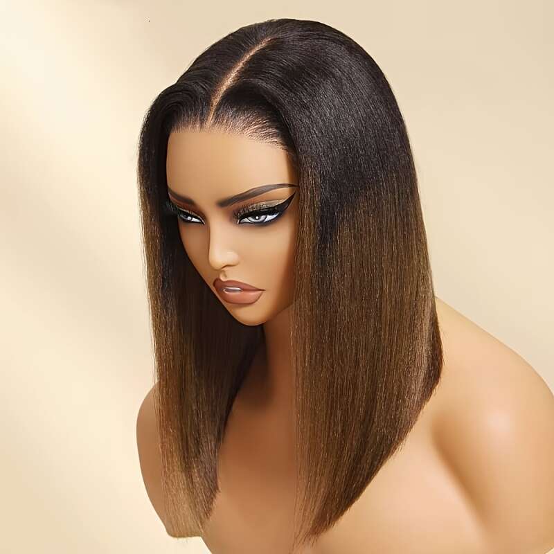 Klaiyi 7x5 Glueless Bob - 150% Density Virgin Human Hair, Pre-Cut Pre-Bleached Chesut Brown Yaki Straight 10-14 Inch, Beginner-Friendly Natural Look f