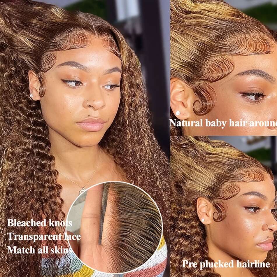 Highlight Water Wave Front Human Hair 13X4 Transparent Frontal Wig for Women Deep Curly Ombre Honey Blonde 4/27 Lace Wigs
