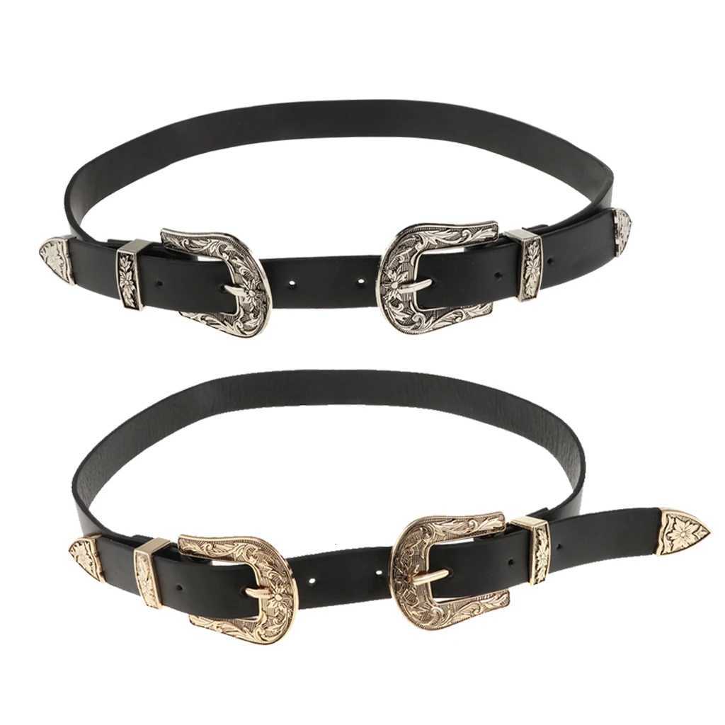 Womens Skinny Slim Retro Vintage Leather Double Buckle Belt Waist Strap for a Western Style Outfit or Casual Jean Belt W251024