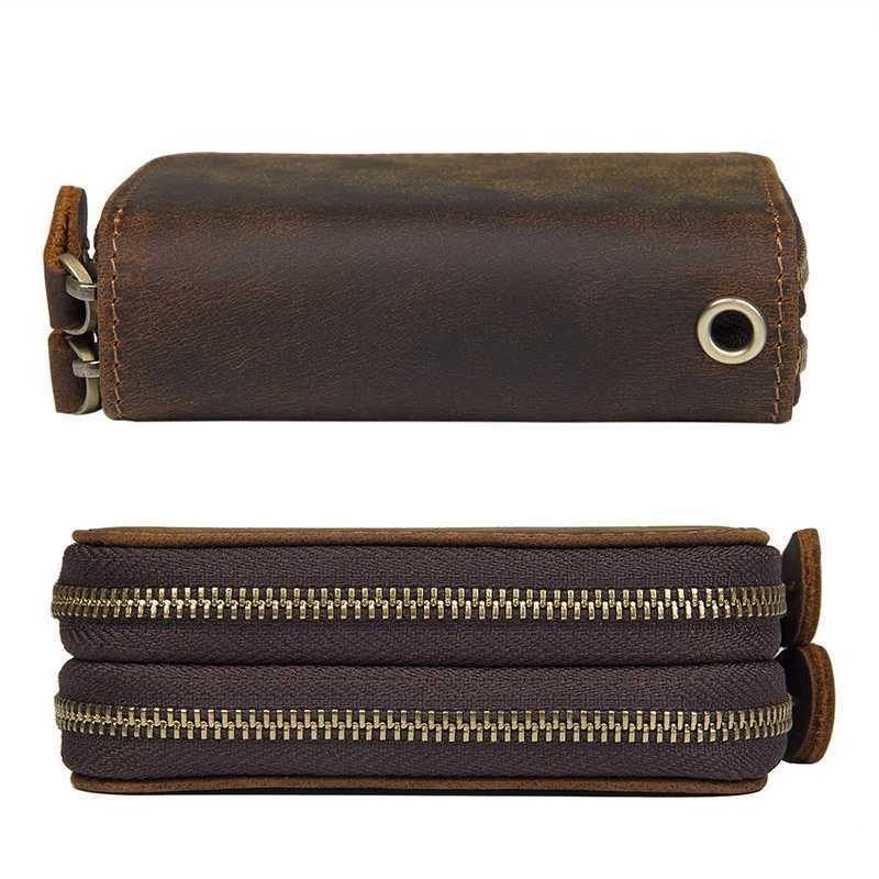Double Zipper Crazy Horse Leather Retro Card Case Top Cowhide Coin Purse Car Key Keychain Holder with Hand Strap Clutch Bag Z251023