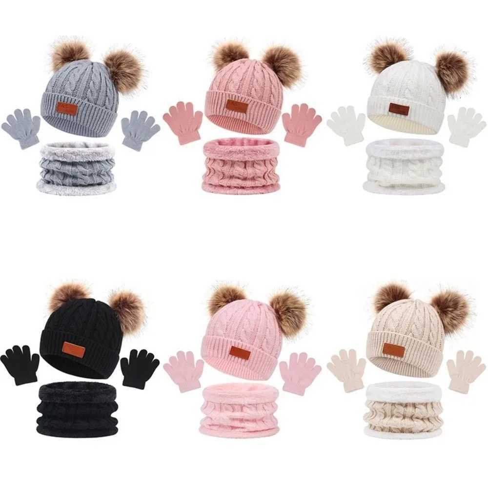 3pcsset Solid Color Baby Hat Scarf Gloves Set Cute Pompom Warmer Knitted Hats Comfortable Kids Hat Set Autumn WinterL251024