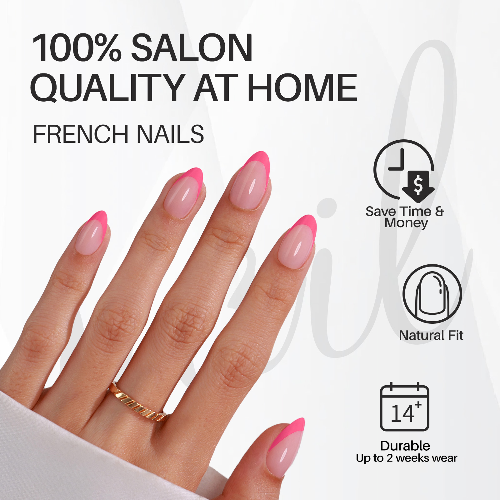 Soft Pink Press-on Nails Fingernail Extensions: Durable French Tip Design Available in Variety of Sizing (Includes Strong Bonding Glue)