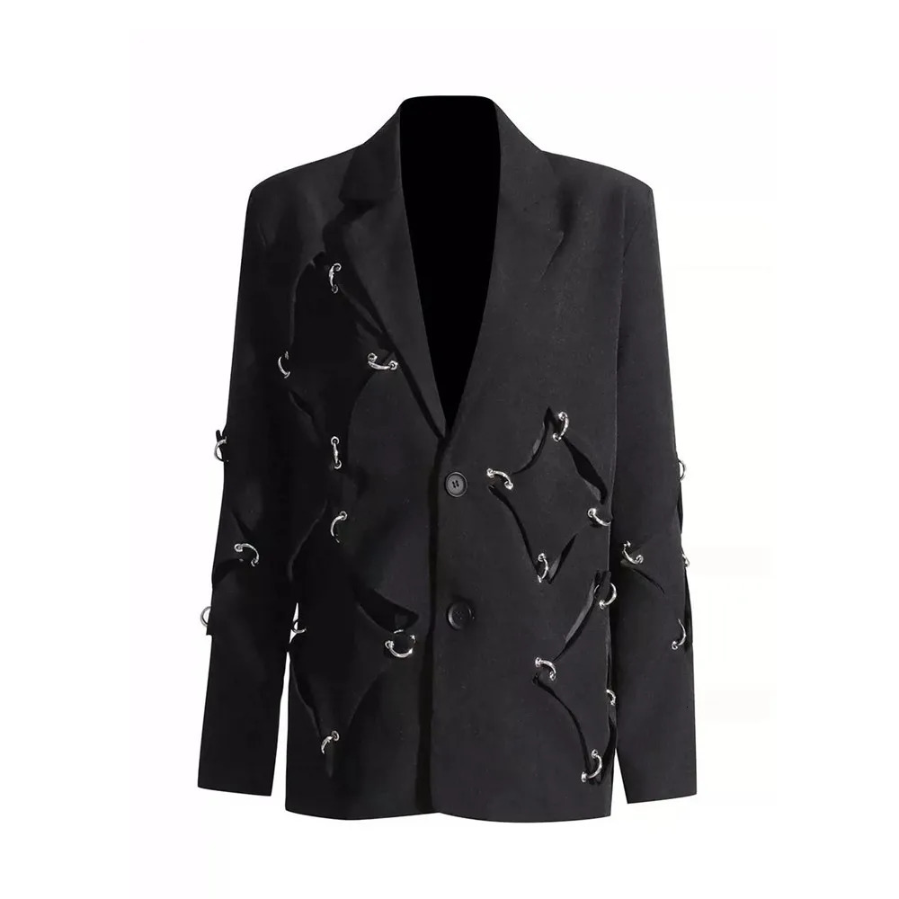 Metal Rivet Ring Decorate Hollow Out Hip Hop Punk Blazers Techwear Style Irregular Casual Suit Jacket For Men 251023