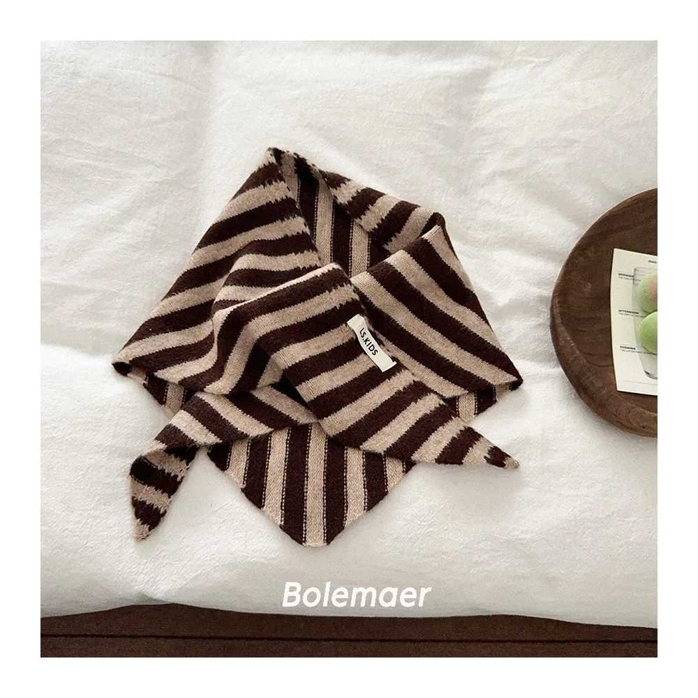 NewBaby Kids Autumn Winter Black Apricot Striped Wool Knitted Scarf Small Scarf Versatile Warm Korean Triangle Warm Soft Scarf Y251024