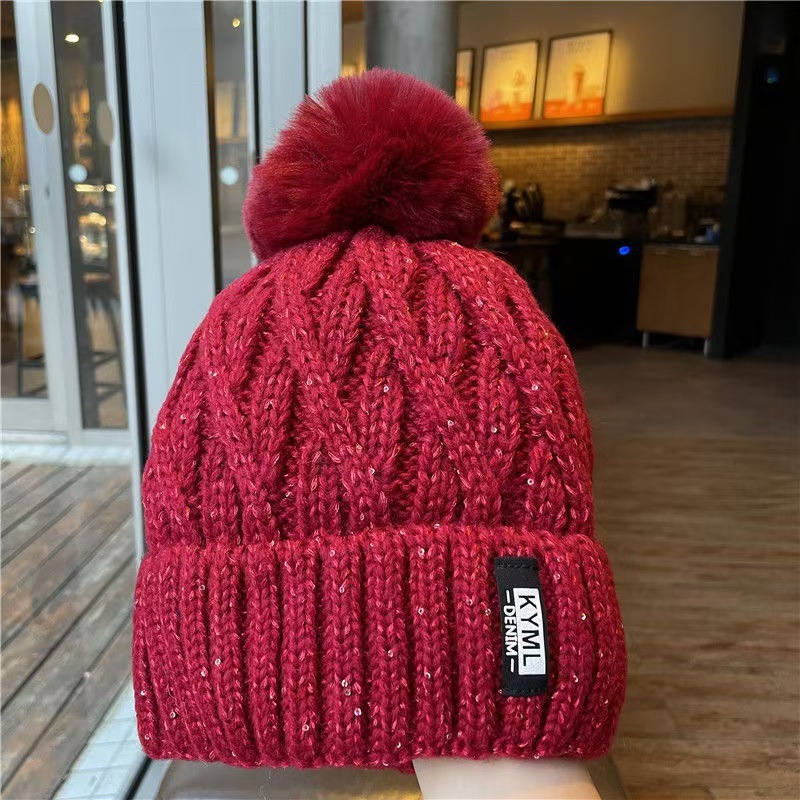 New Korean Style Sequin Hat Women, Thickened Warm for Autumn and Winter, Cute Pom-Pom Versatile Knitted Hat, Trendy