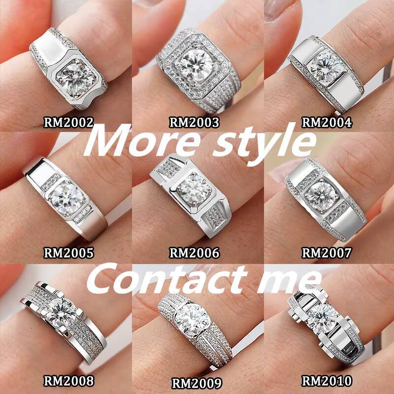 White Gold S925 Silver Rings DVVS1 Moissanite 1CT 2CT Round Shape Moissanite Stones Men Silver 925 Ring