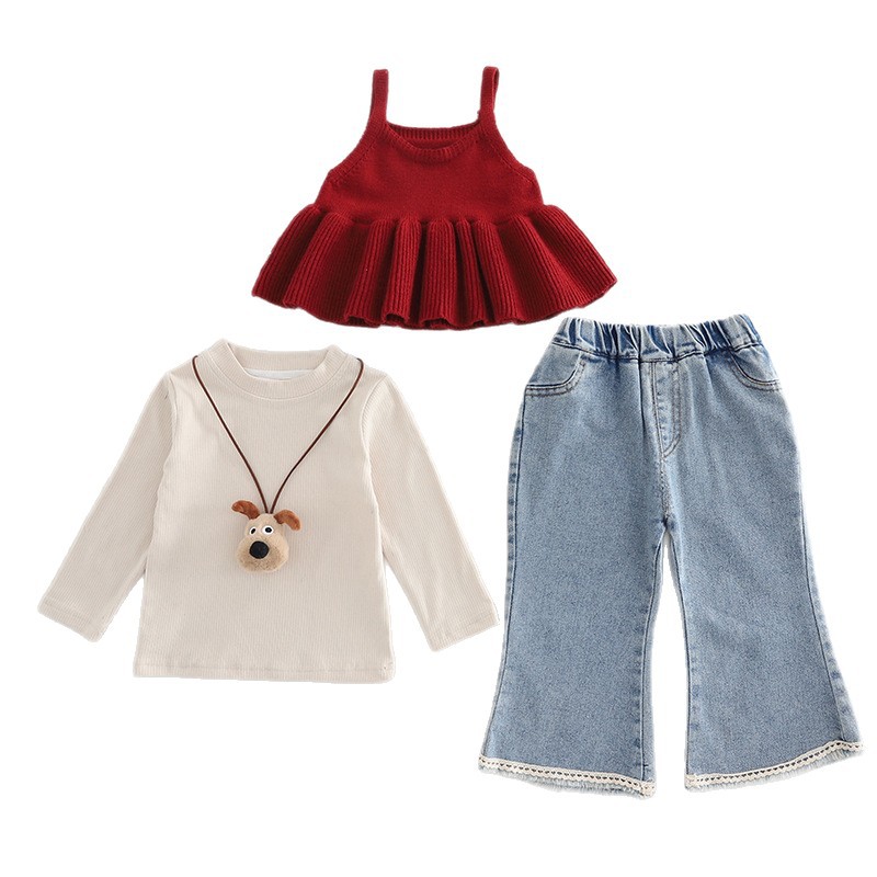 Baby Girls Suspenders Sweater Set 3-Piece, Korean Style Knit Outfit for 1-5 Year Olds, Spring Autumn Fashion