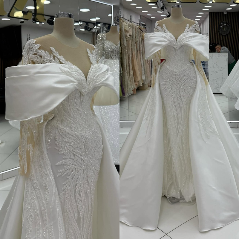 2026 Ivory Aso Ebi Prom Dress Mermaid Prom Dress Detachable Train Sheer Neck Crystals Beaded Lace Birthday Second Reception Gown For Black Women AM300
