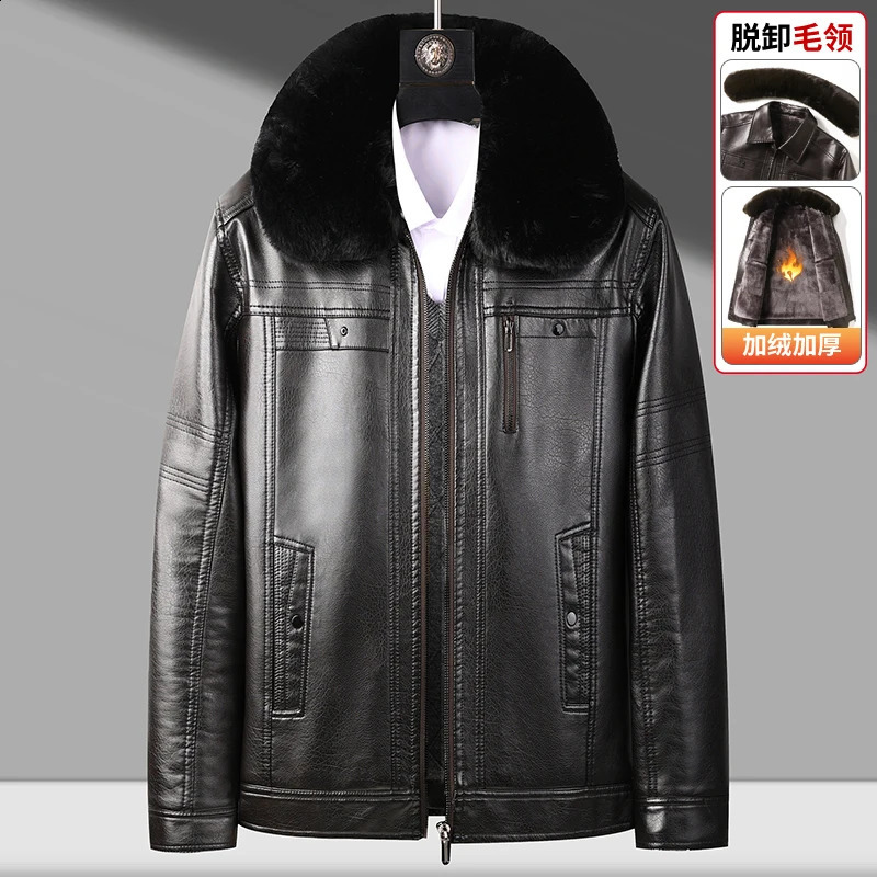 Middleaged and Elderly Mens Leather Jacket with Fleece Lining Thickened Winter Coat for Dad Fur Collar Elderly Mens Wi 251023