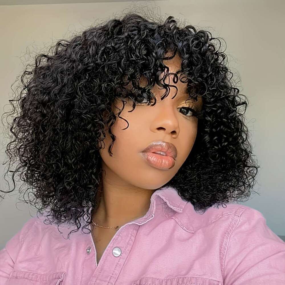 Short Bob With Bangs None Lace Front For Women 180% Density Kinky Curly Fringe Bang Wig Human hine Made Brazilian Unprocessed Virgin Hair Wigs Natural