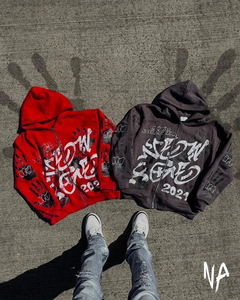 Punk Harajuku Hiphop Cartoon Letter Print Loose Sweatshirt Men Casual Streetwear Y2K Rock Trendy Oversized Zipper Hoodie Women 251018