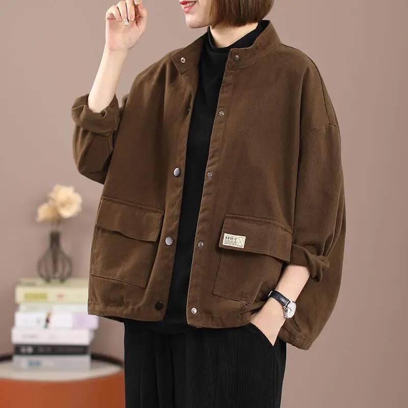 New Arrival Spring/autumn Women Loose Casual Long Sleeve O-neck Outerwear & Coats Pocket Patchwork Single Breasted Jackets W778 dongdumaoyi