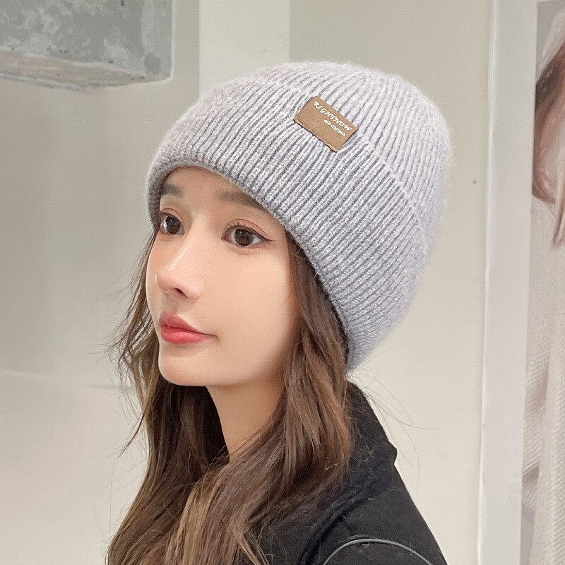 Korean Wool Autumn Winter Thickened Knitted Pullover Cold Large Head Circumference Ear Protection Hat for Women